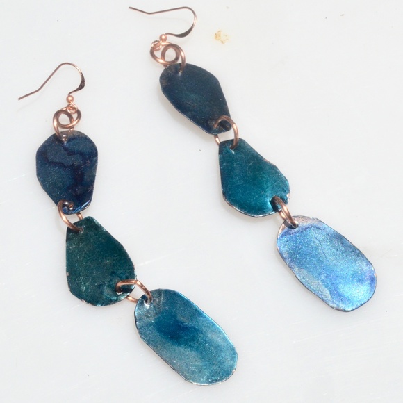 Long Blue Dangle Solid Copper Earrings Handmade - Picture 6 of 7